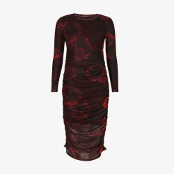 MESH LS LONG DRESS - BLACK BORDEAUX FLOWER,