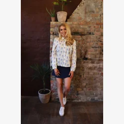 FLORA LS BLOUSE - CREME BLUE BOW HEARTS,