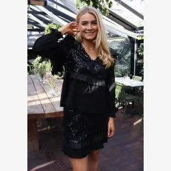 NOR LS FRILL BLOUSE - BLACK SEQUINS