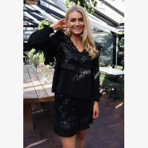 NOR LS FRILL BLOUSE - BLACK SEQUINS