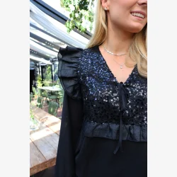 NOR LS FRILL BLOUSE - BLACK SEQUINS
