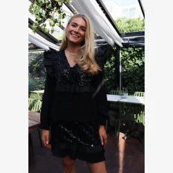 NOR LS FRILL BLOUSE - BLACK SEQUINS