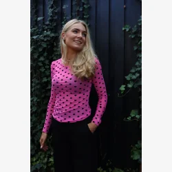 MESH LS TSHIRT - PINK BLACK FLOCK HEART