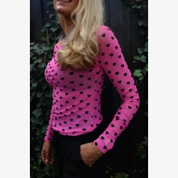 MESH LS TSHIRT - PINK BLACK FLOCK HEART