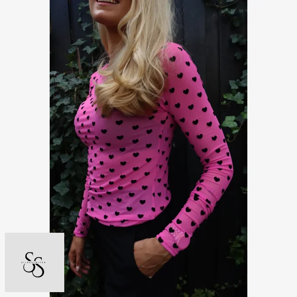 MESH LS TSHIRT - PINK BLACK FLOCK HEART