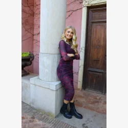 MESH LS LONG DRESS - BLACK BORDEAUX FLOWER,