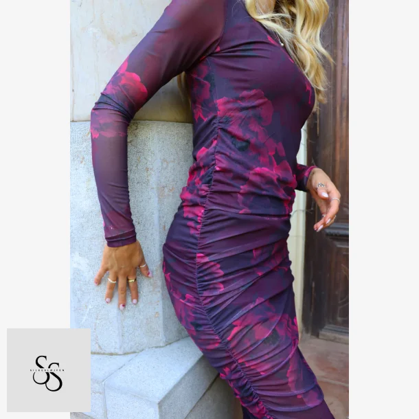 MESH LS LONG DRESS - BLACK BORDEAUX FLOWER,