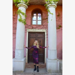 MESH LS LONG DRESS - BLACK BORDEAUX FLOWER,