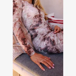 MESH LS LONG DRESS - BROWN GOLD MARBLE