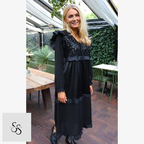 NOR LS FRILL DRESS - BLACK SEQUINS