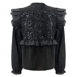 NOR LS FRILL BLOUSE - BLACK SEQUINS